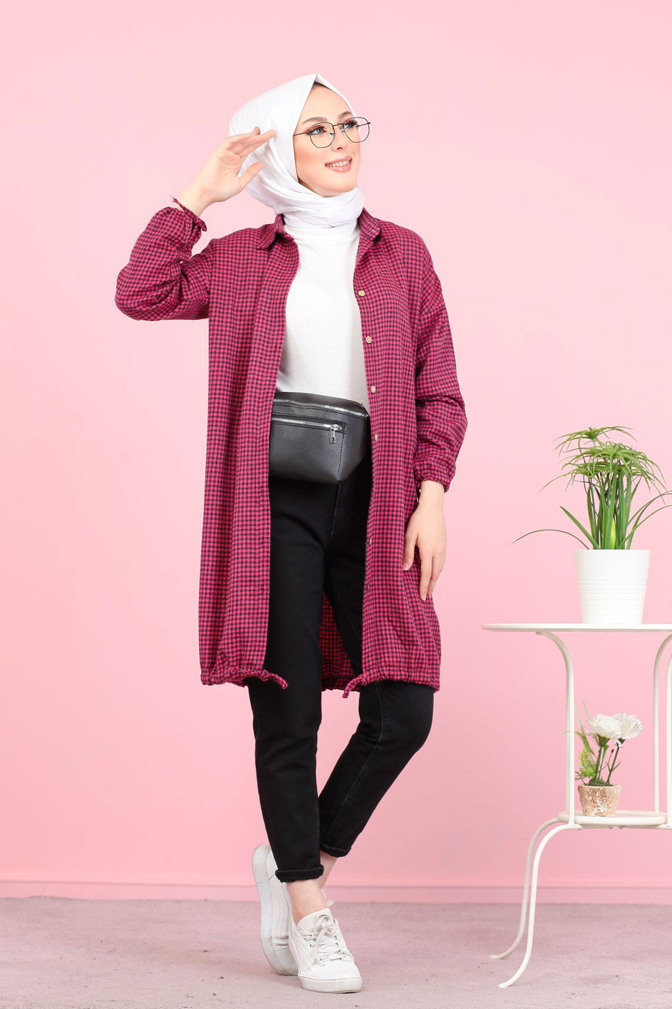 Düz Orta Kadın Pembe Ekose Tunik Pembe - 02 7658 - 7658
