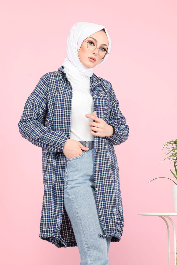Düz Orta Kadın Mavi Ekose Tunik Siyah  - 7658 MAVİ