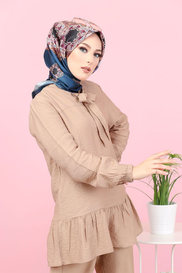 Düz Bisiklet Yaka Kadın Vizon 3077 AYROBİN GÖMLEK - 3077
