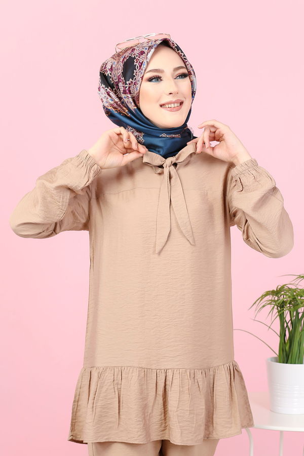 Düz Bisiklet Yaka Kadın Vizon 3077 AYROBİN GÖMLEK - 3077