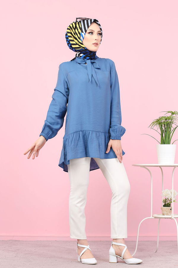 Düz Bisiklet Yaka Kadın Mavi 3077 AYROBİN GÖMLEK - 3077