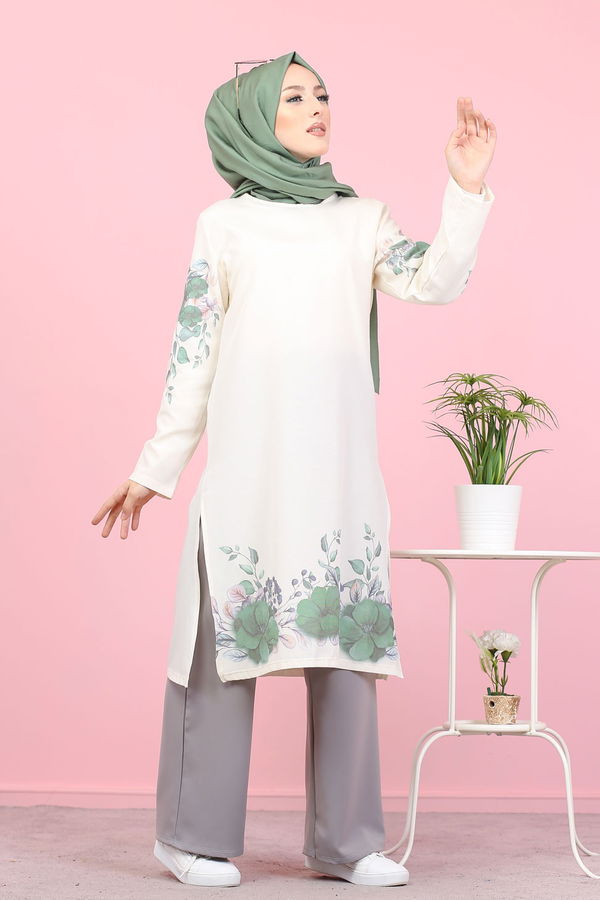 Düz Bisiklet Yaka Kadın Yeşil 3062 DİJİTAL BASKILI TUNİK - 3062