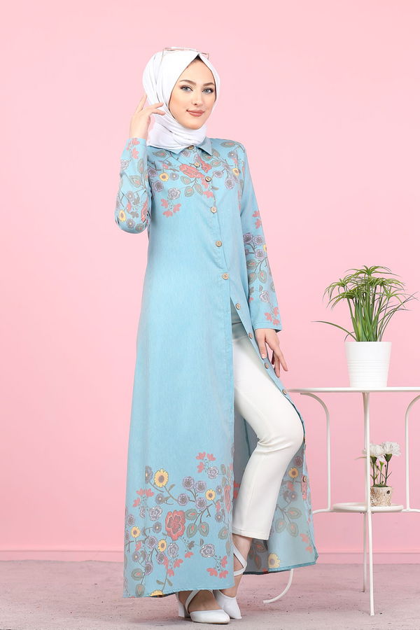 Düz Gömlek Yaka Kadın Yeşil 3098 UZUN TUNIK - 3098 YEŞİL
