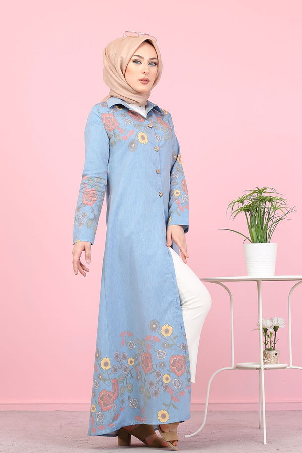 Düz Gömlek Yaka Kadın Mavi 3098 UZUN TUNIK - 3098 MAVİ