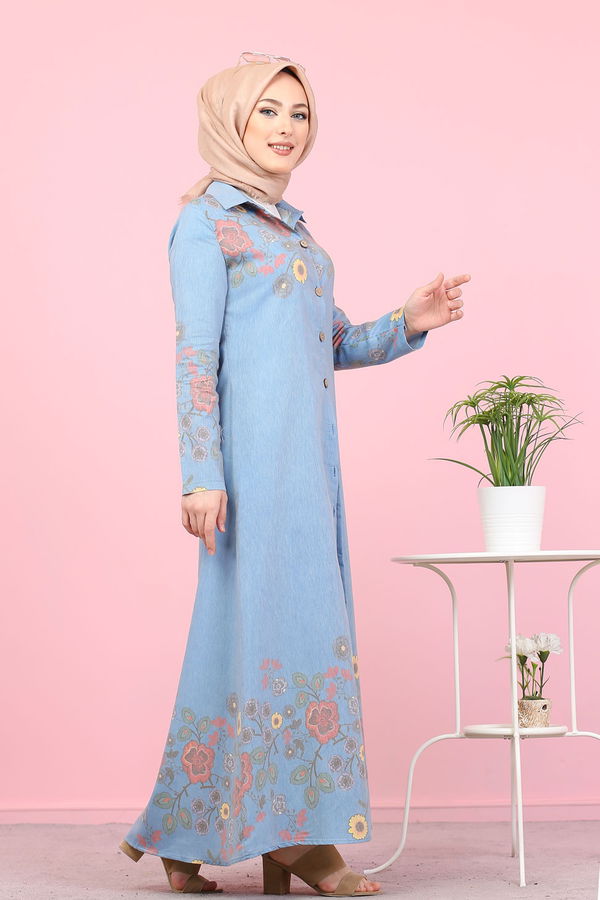 Düz Gömlek Yaka Kadın Mavi 3098 UZUN TUNIK - 3098 MAVİ