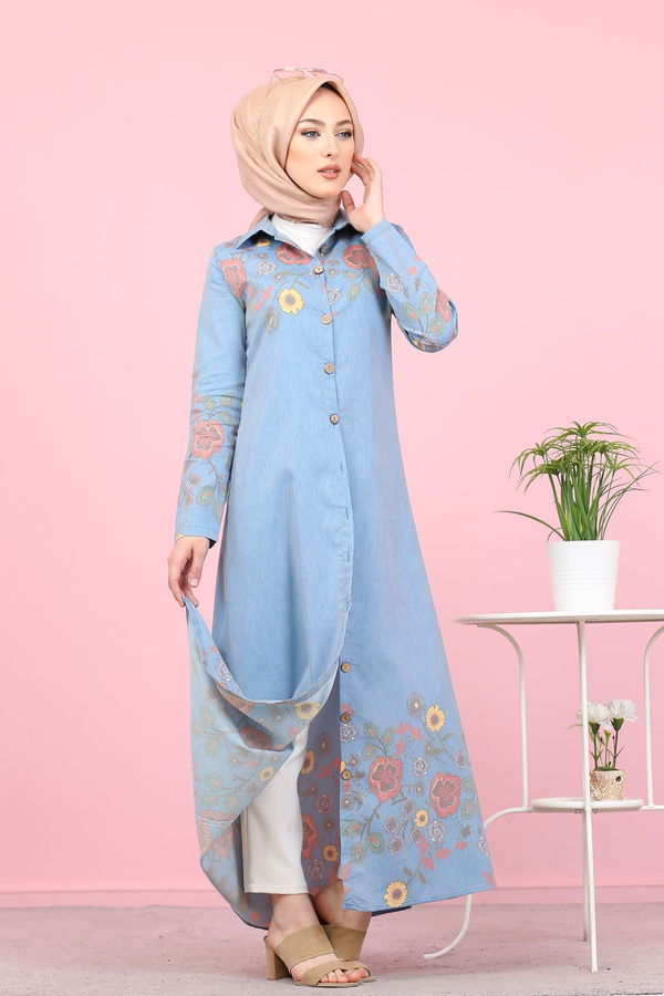 Düz Gömlek Yaka Kadın Mavi 3098 UZUN TUNIK - 3098 MAVİ