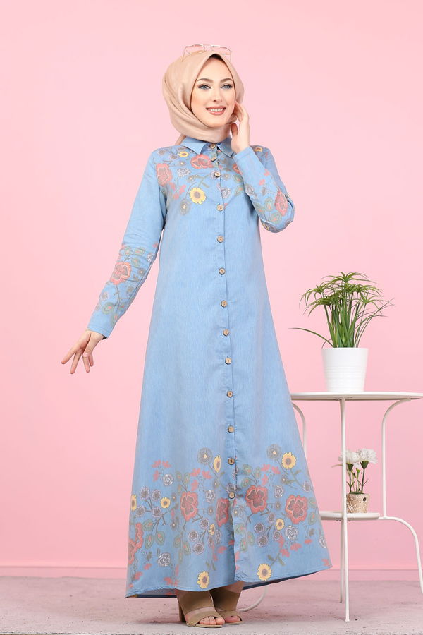 Düz Gömlek Yaka Kadın Mavi 3098 UZUN TUNIK - 3098 MAVİ