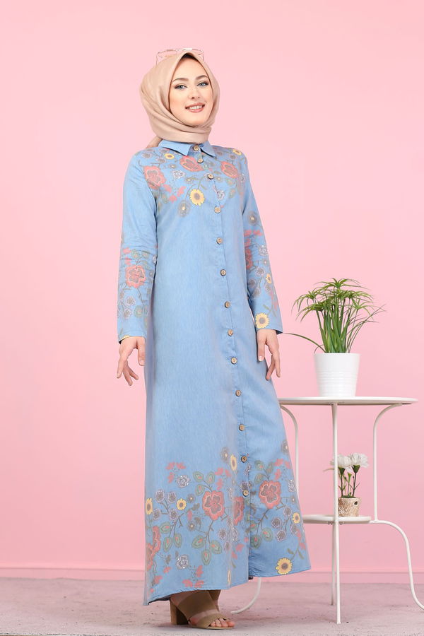 Düz Gömlek Yaka Kadın Mavi 3098 UZUN TUNIK - 3098 MAVİ