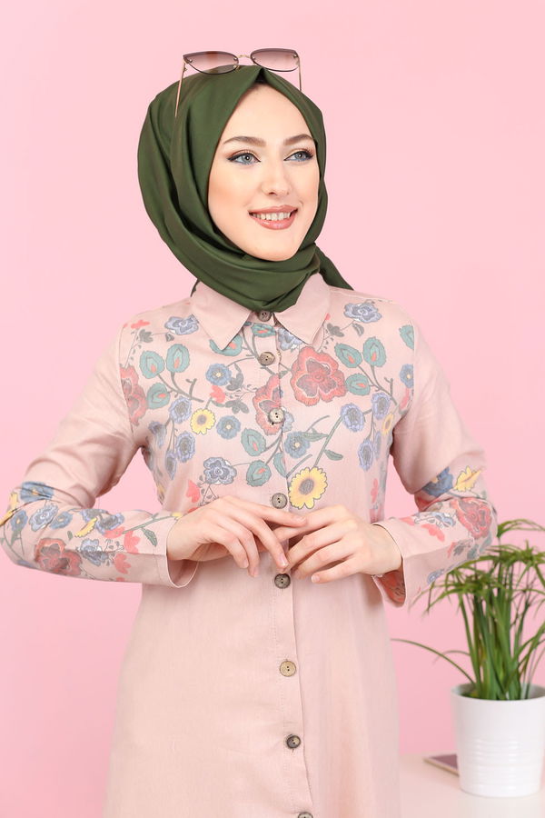 Düz Gömlek Yaka Kadın Pembe 3098 UZUN TUNIK - 3098