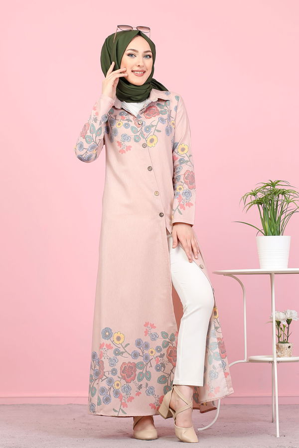Düz Gömlek Yaka Kadın Pembe 3098 UZUN TUNIK - 3098