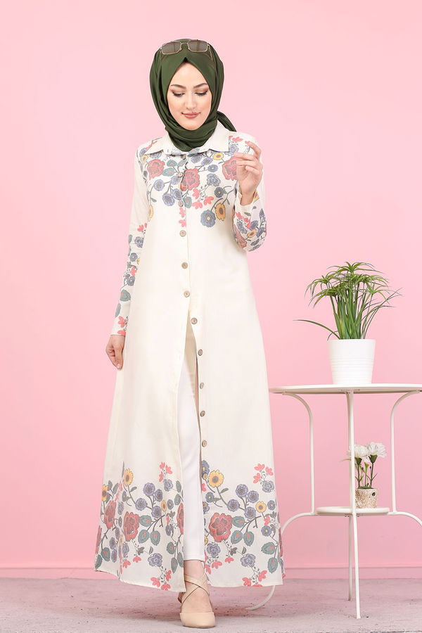 Düz Gömlek Yaka Kadın Ekru 3098 UZUN TUNIK - 3098 EKRU