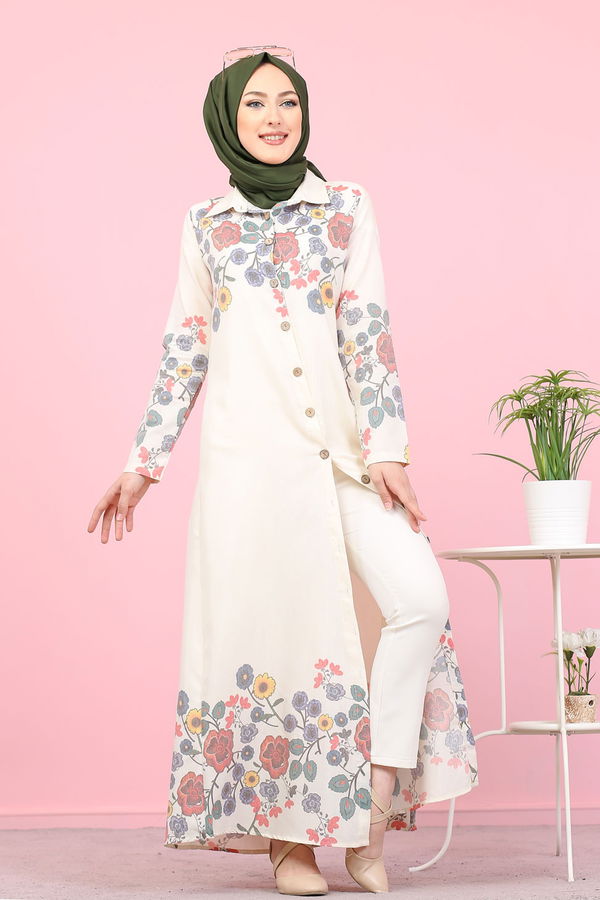 Düz Gömlek Yaka Kadın Ekru 3098 UZUN TUNIK - 3098 EKRU