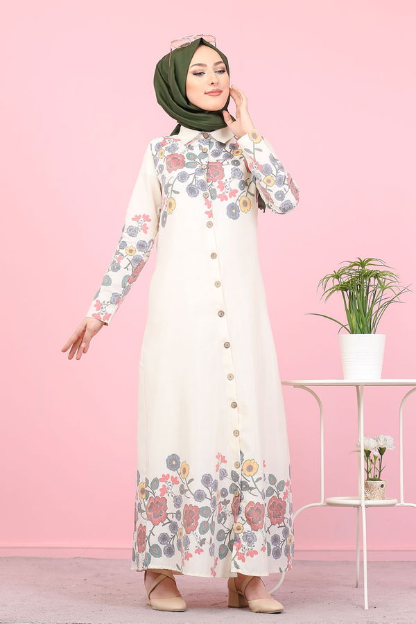 Düz Gömlek Yaka Kadın Ekru 3098 UZUN TUNIK - 3098 EKRU