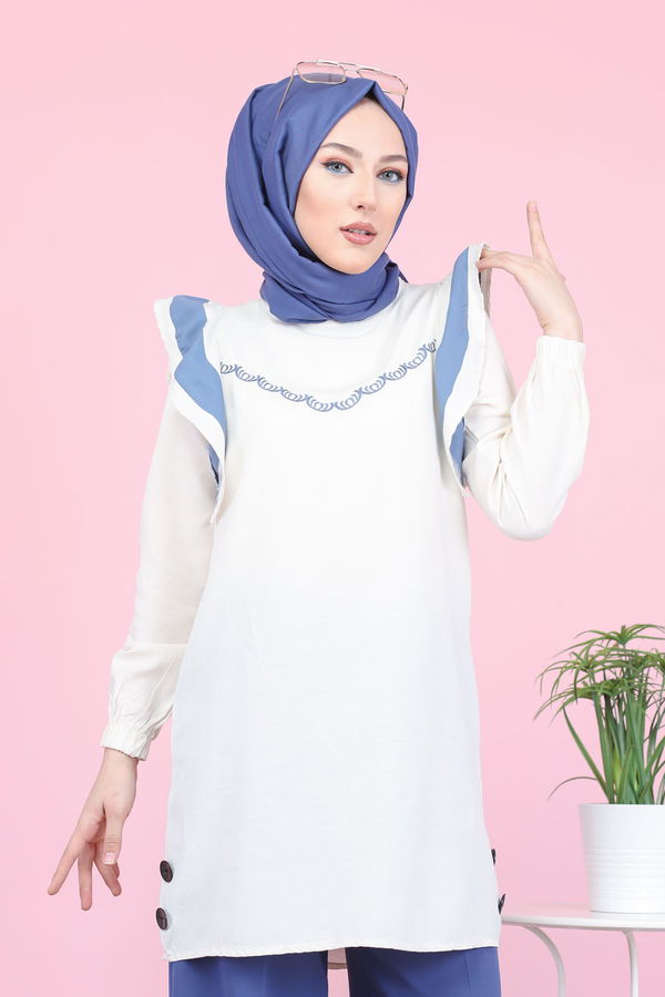 Düz Bisiklet Yaka Kadın Mavi 3076 NAKIŞLI TUNİK - 3076