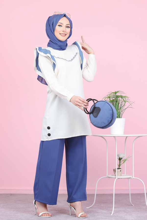 Düz Bisiklet Yaka Kadın Mavi 3076 NAKIŞLI TUNİK - 3076