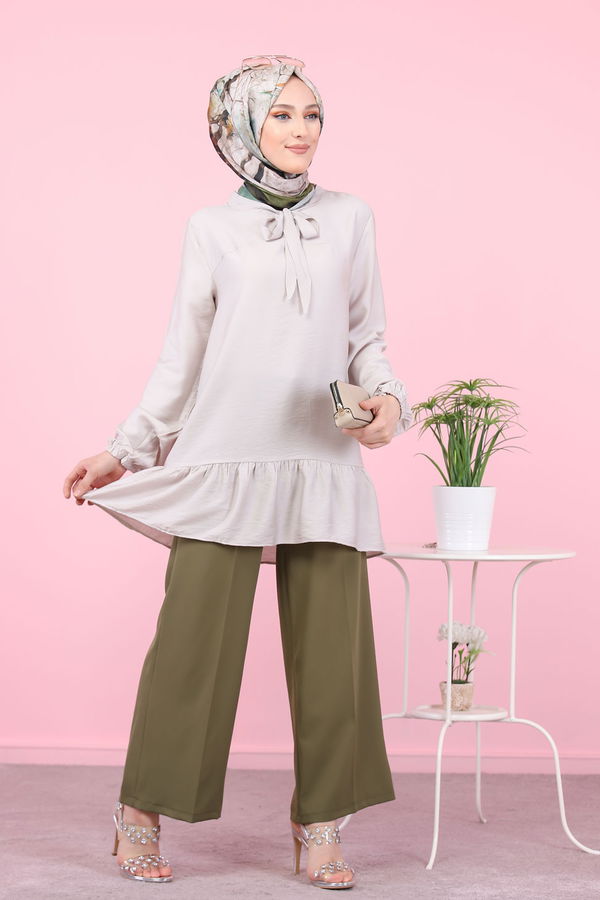 Düz Bisiklet Yaka Kadın Ekru 3077 AYROBİN GÖMLEK - 3077