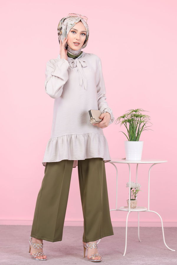 Düz Bisiklet Yaka Kadın Ekru 3077 AYROBİN GÖMLEK - 3077