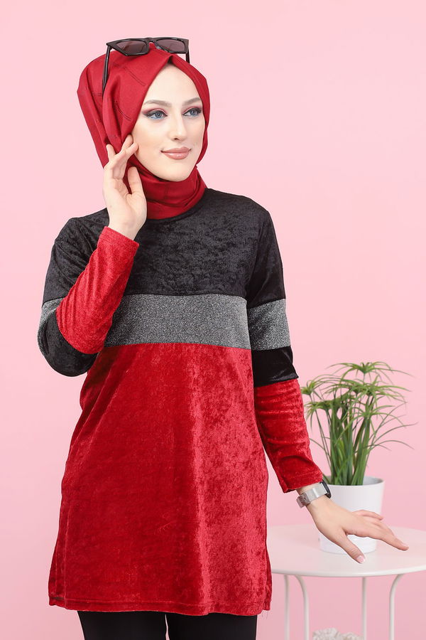 Düz Orta Kadın Bordo 8541 SIM GARNILI TUNIK - 8541