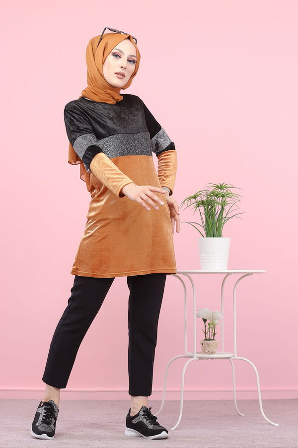 Düz Orta Kadın Sarı 8541 SIM GARNILI TUNIK - 8541