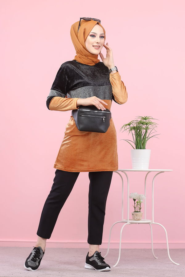 Düz Orta Kadın Sarı 8541 SIM GARNILI TUNIK - 8541