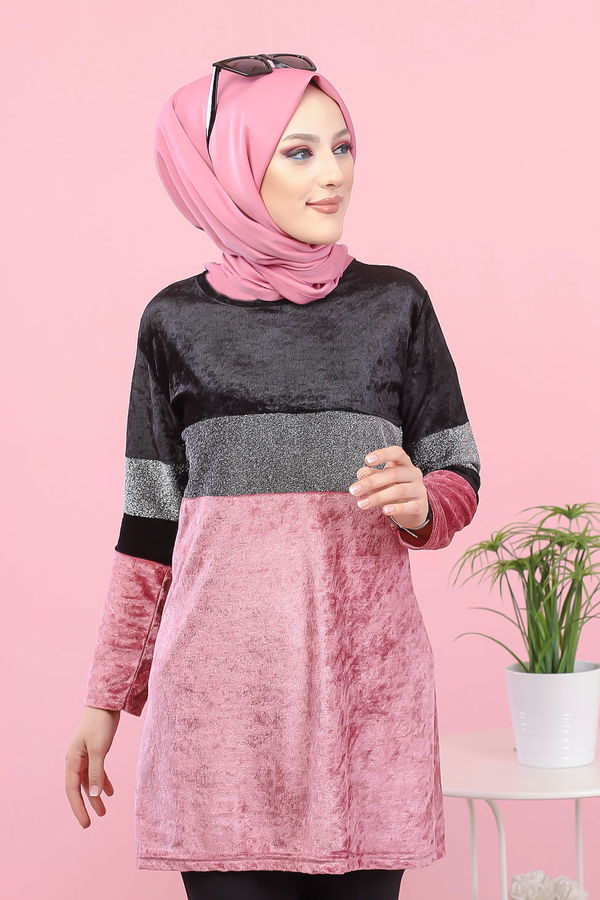 Düz Orta Kadın Pembe 8541 SIM GARNILI TUNIK - 8541