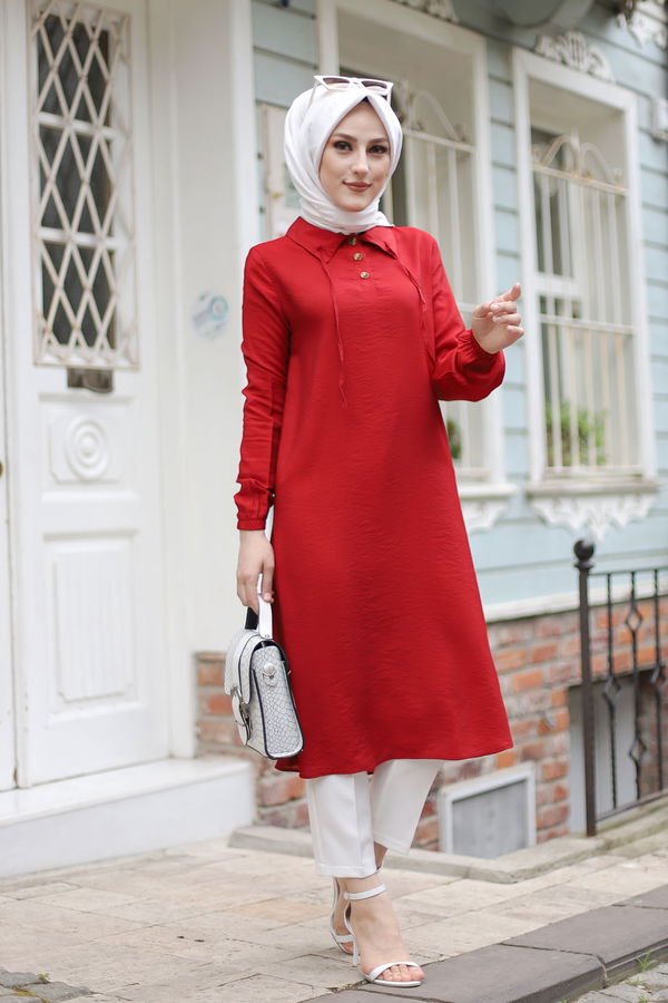 Düz Gömlek Yaka Kadın Kırmızı Tunik - 3078