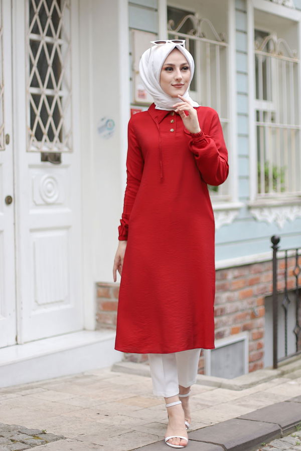 Düz Gömlek Yaka Kadın Kırmızı Tunik - 3078