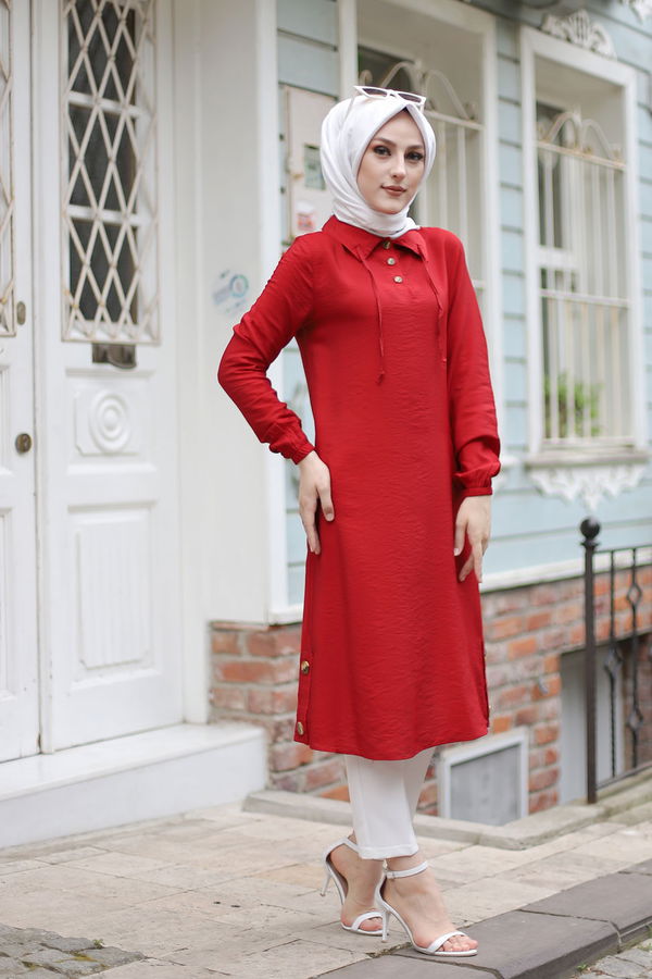 Düz Gömlek Yaka Kadın Kırmızı Tunik - 3078