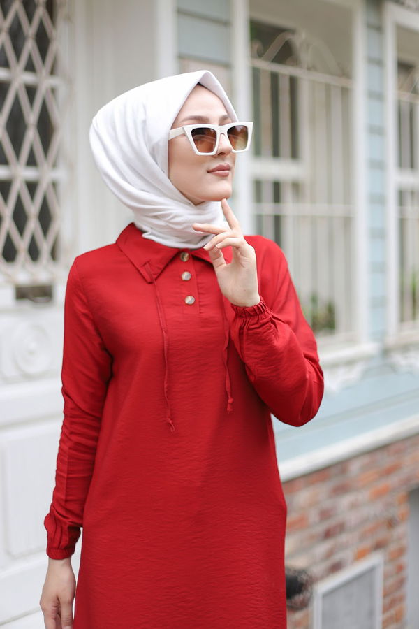 Düz Gömlek Yaka Kadın Kırmızı Tunik - 3078