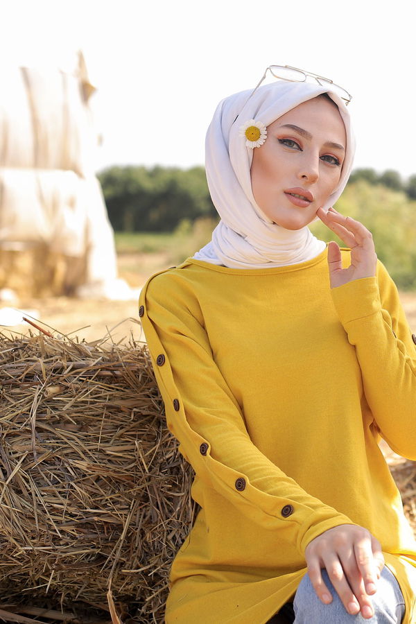 Düz Bisiklet Yaka Kadın Sarı YARASA KOL TUNIK - 2811