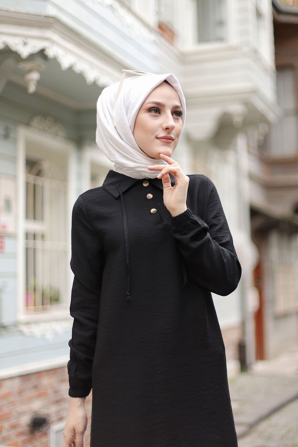 Düz Gömlek Yaka Kadın Siyah Tunik - 3078