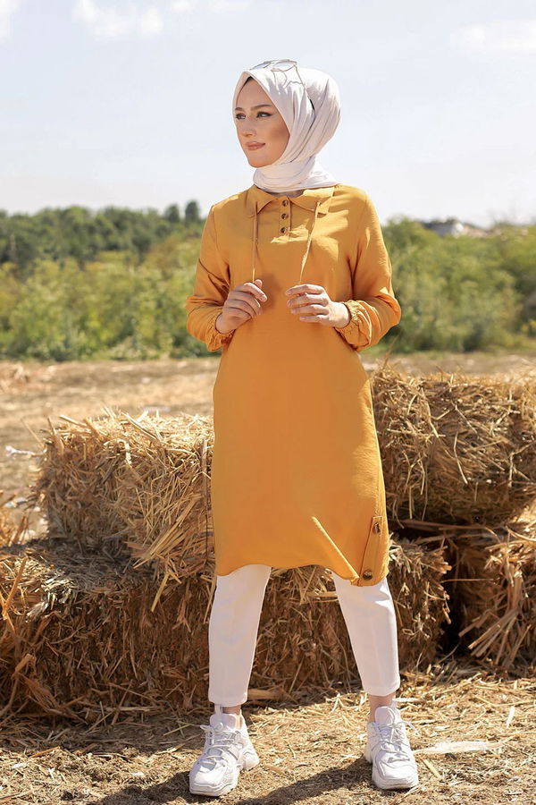 Düz Gömlek Yaka Kadın Sarı Tunik - 3078