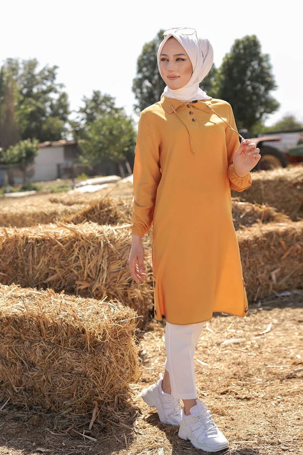 Düz Gömlek Yaka Kadın Sarı Tunik - 3078