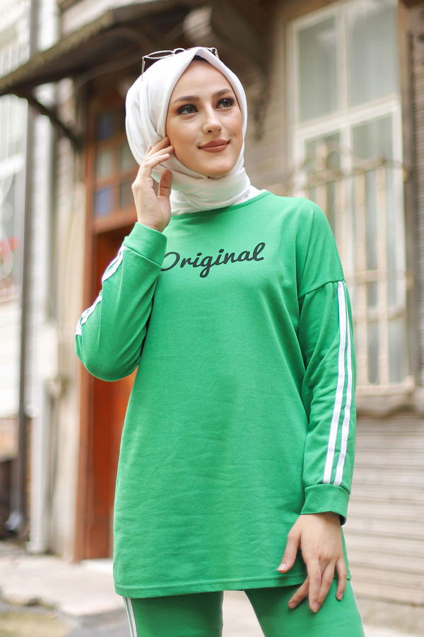 Düz Bisiklet Yaka Kadın Yeşil TUNIK PANTOLON - 8401
