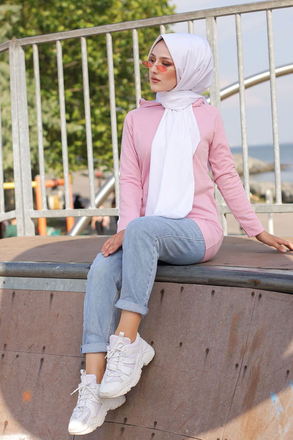 Düz Kapşonlu Yaka Kadın Pembe KOL SERITLI TUNIK - 2828