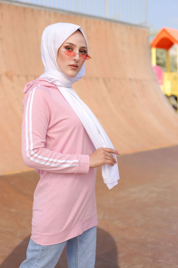 Düz Kapşonlu Yaka Kadın Pembe KOL SERITLI TUNIK - 2828