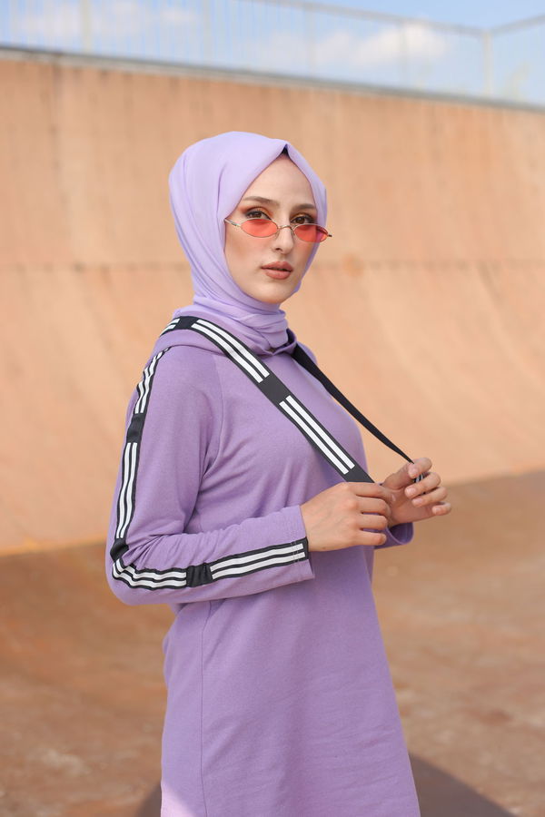 Düz Kapşonlu Yaka Kadın Lila SERITLI TUNIK - 8358 LİLA