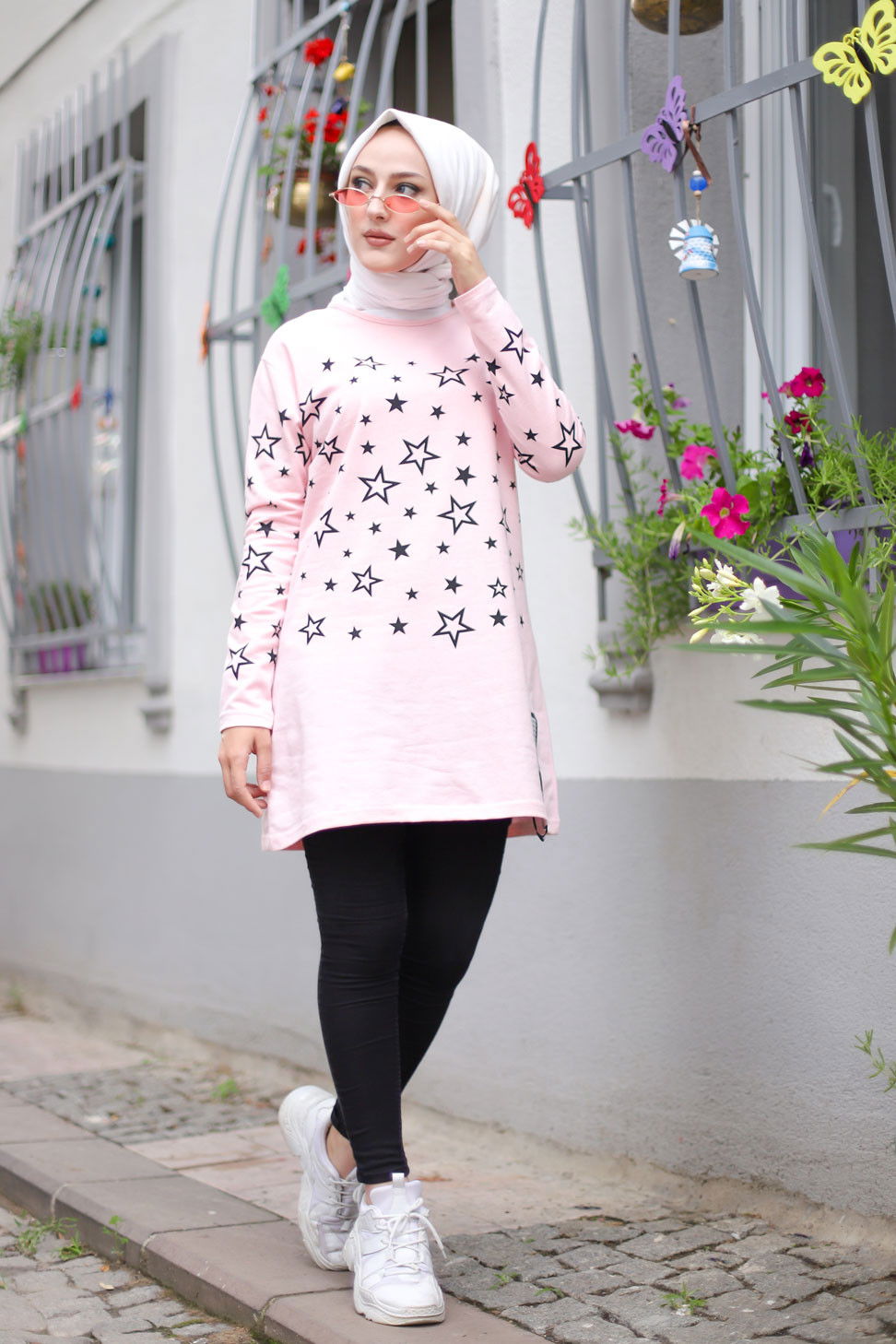 Düz Bisiklet Yaka Kadın Pembe Yıldız Baskılı Tunik - 8385 PEMBE