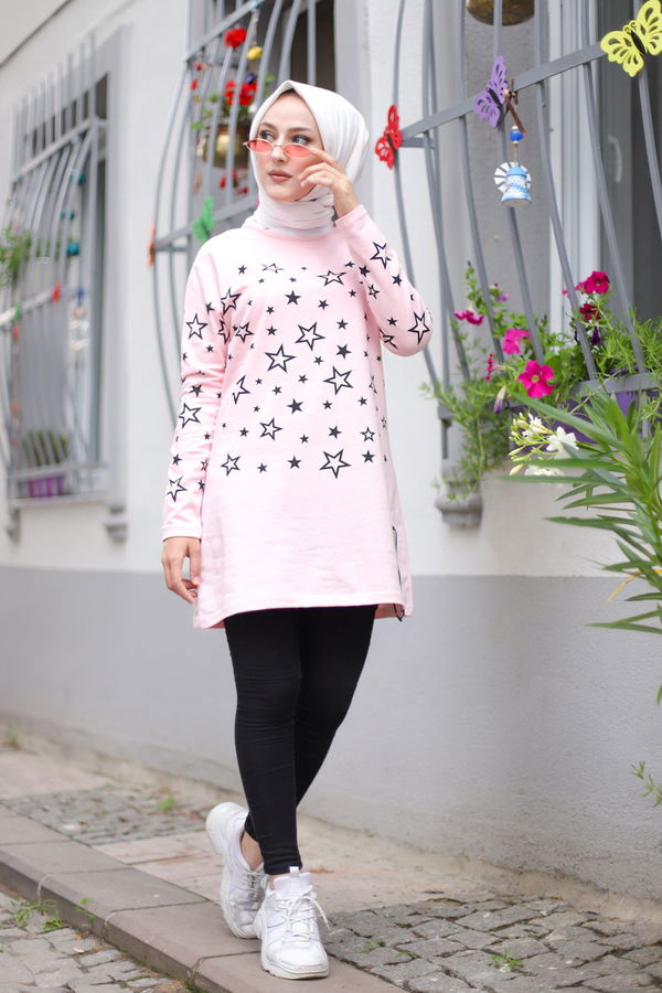 Düz Bisiklet Yaka Kadın Pembe Yıldız Baskılı Tunik - 8385 PEMBE