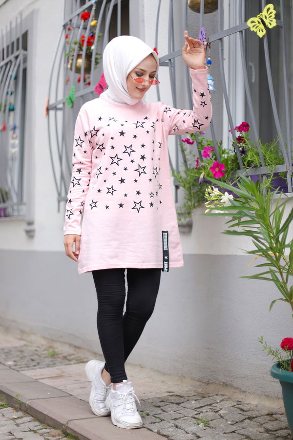 Düz Bisiklet Yaka Kadın Pembe Yıldız Baskılı Tunik - 8385 PEMBE