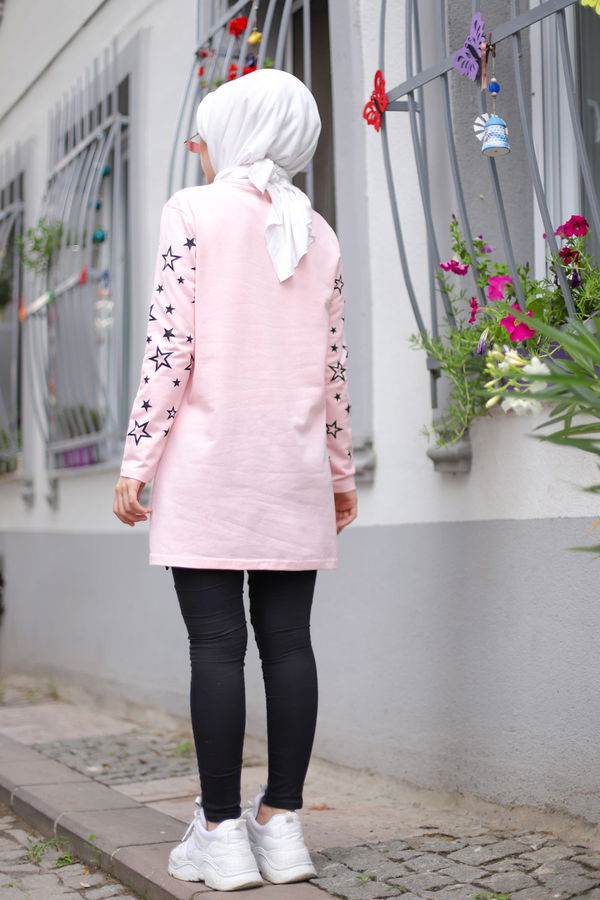 Düz Bisiklet Yaka Kadın Pembe Yıldız Baskılı Tunik - 8385 PEMBE