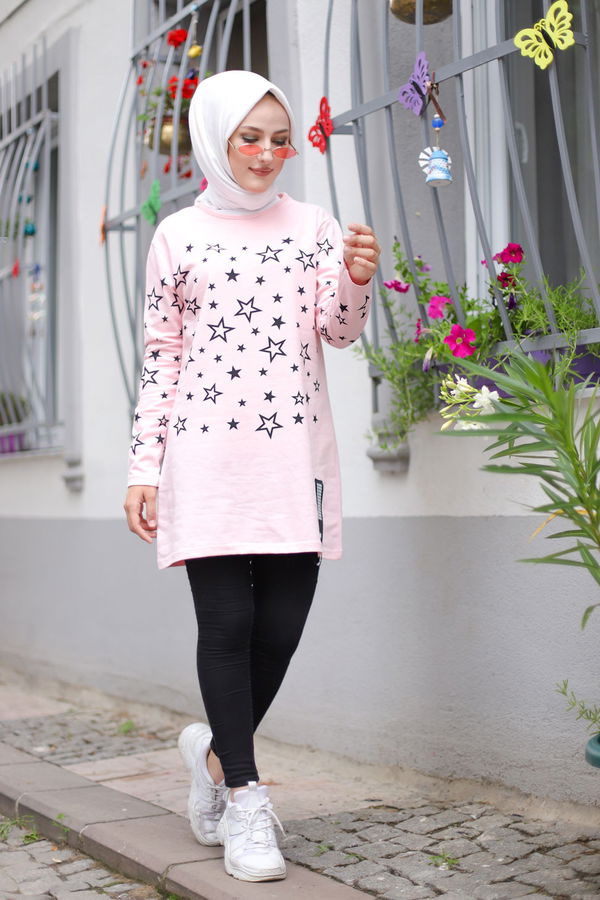 Düz Bisiklet Yaka Kadın Pembe Yıldız Baskılı Tunik - 8385 PEMBE