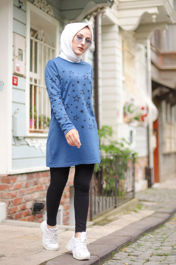 Düz Bisiklet Yaka Kadın Mavi Yıldız Baskılı Tunik - 8385