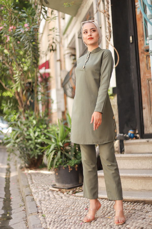 Düz Bisiklet Yaka Kadın Haki Tunik Pantolon  - 8432 HAKİ