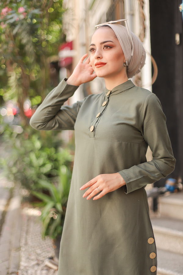 Düz Bisiklet Yaka Kadın Haki Tunik Pantolon  - 8432 HAKİ