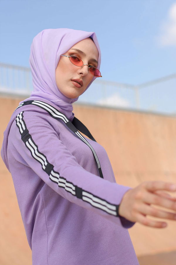 Düz Kapşonlu Yaka Kadın Lila SERITLI TUNIK - 8358 LİLA