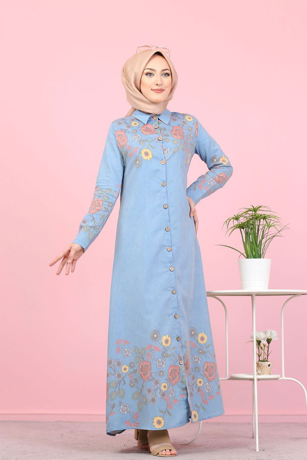 Düz Gömlek Yaka Kadın Mavi 3098 UZUN TUNIK - 3098 MAVİ