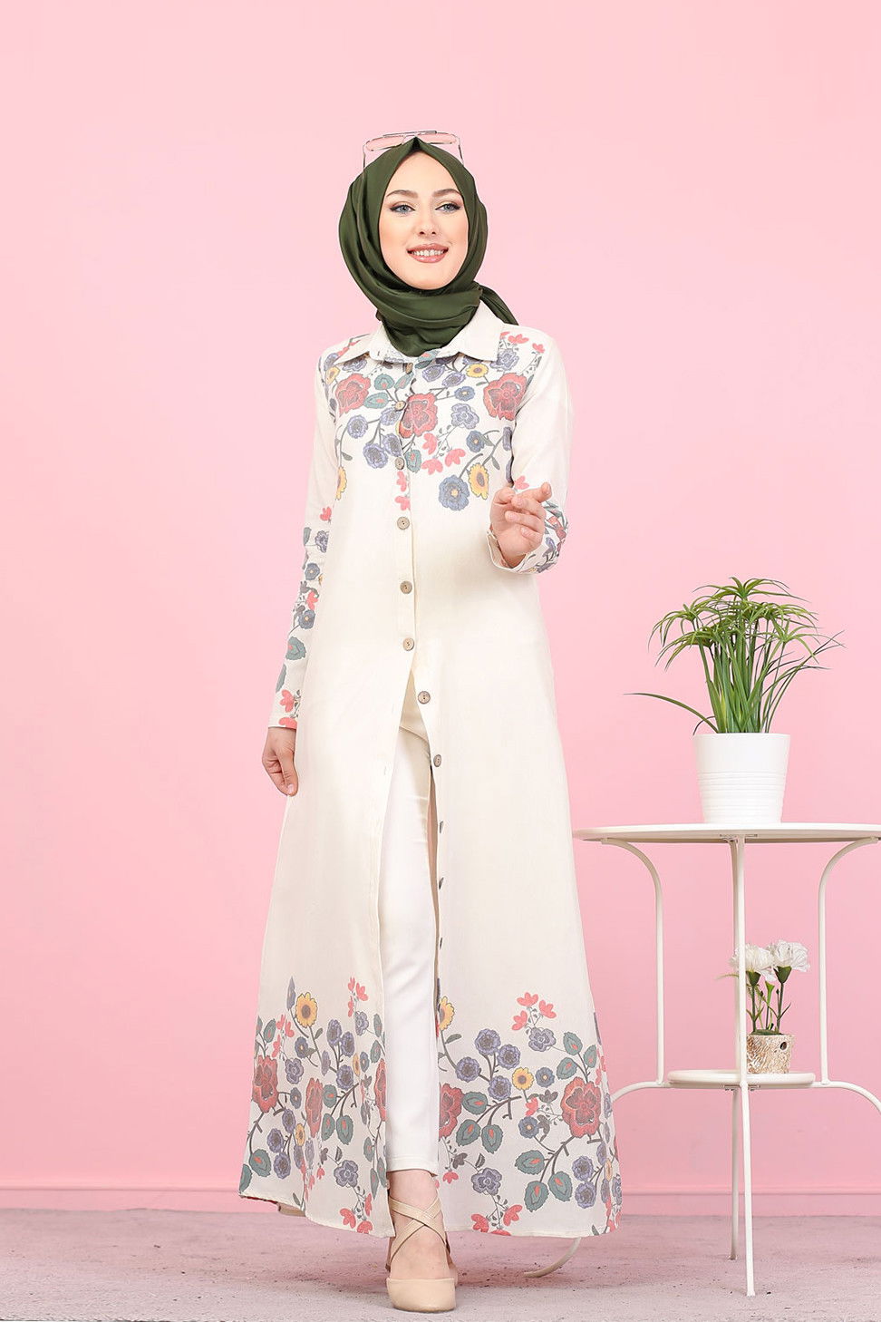 Düz Gömlek Yaka Kadın Ekru 3098 UZUN TUNIK - 3098 EKRU