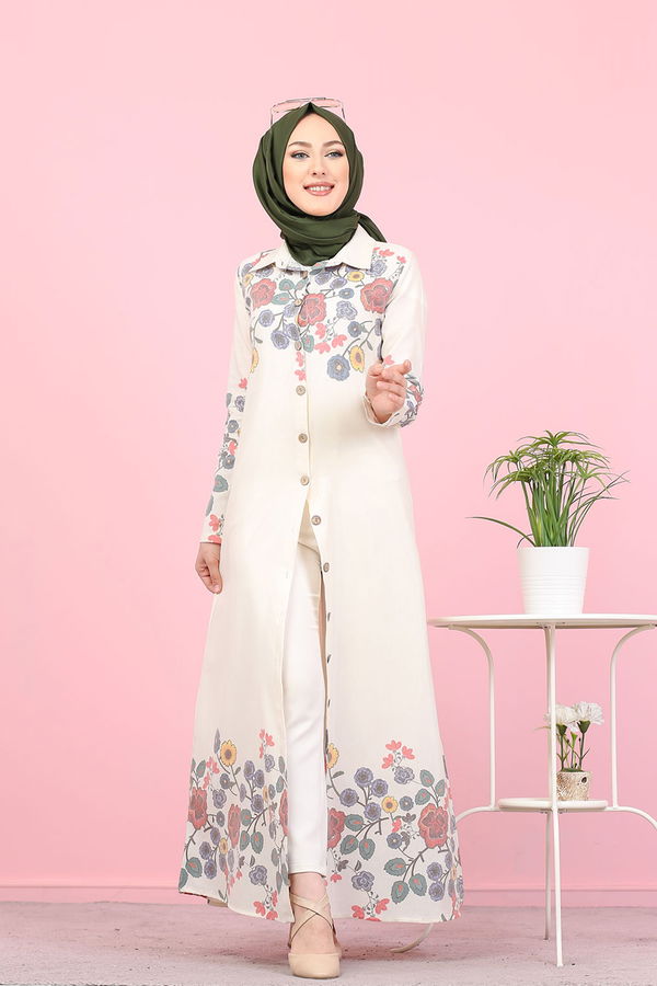 Düz Gömlek Yaka Kadın Ekru 3098 UZUN TUNIK - 3098 EKRU