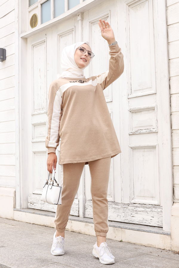Düz Orta Kadın Bej TUNIK PANTOLON - 8412 BEJ